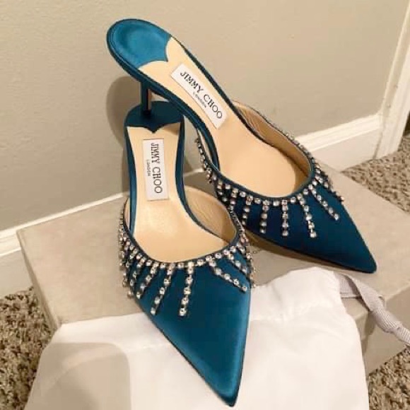 JIMMY CHOO Exclusive Tatie Crystal-embellished Satin Mules Blue/SZ 39 BRAND NEW - Picture 1 of 14